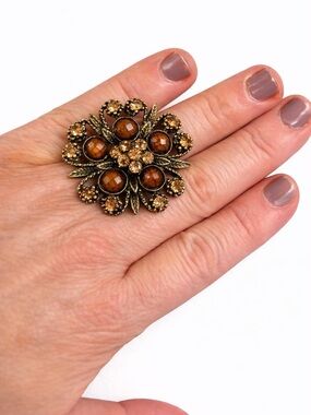 Vintage-Inspired Floral Statement Ring in Amber Gold